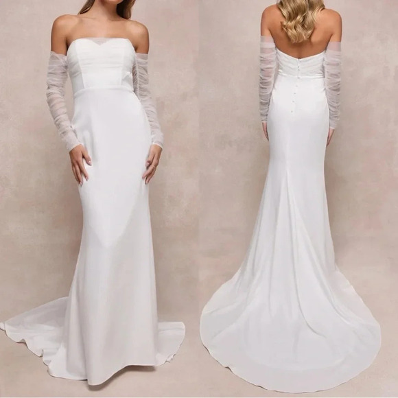 NWOT Lulus Eternal Bliss White‎ Tulle Off-the-Shoulder Bustier Maxi Dress - Picture 1 of 9